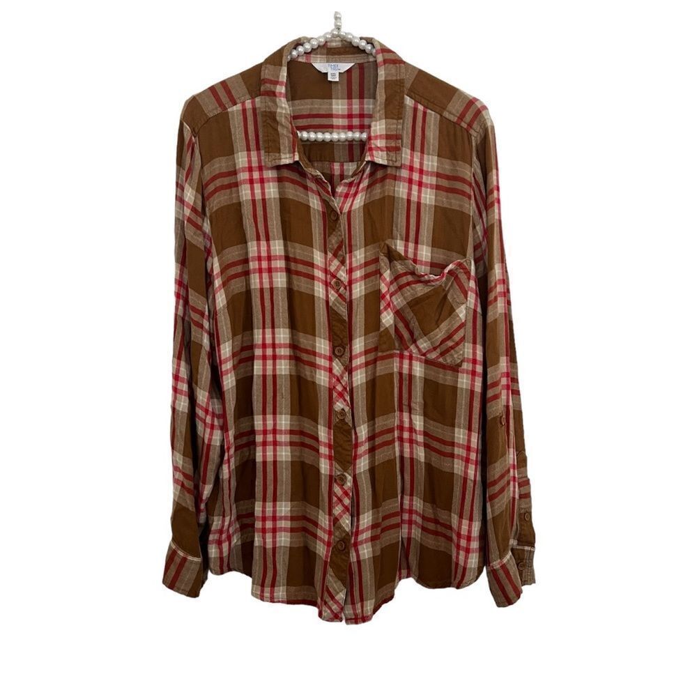 Time & Tru Plaid Long Sleeve Brown Button Front Collared Top Women’s Size XXL